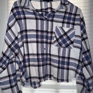Women’s Blue & White Plaid Button-Down Shirt with Frayed Hem